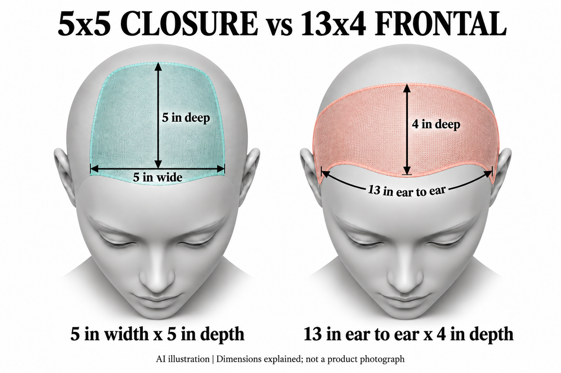 AI schematic: 5x5 closure measures 5 inches wide by 5 inches deep; 13x4 frontal measures 13 inches ear to ear by 4 inches deep. Not a product photograph.