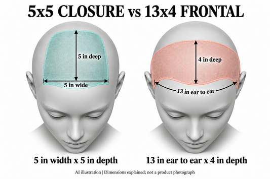 AI schematic: 5x5 closure measures 5 inches wide by 5 inches deep; 13x4 frontal measures 13 inches ear to ear by 4 inches deep. Not a product photograph.