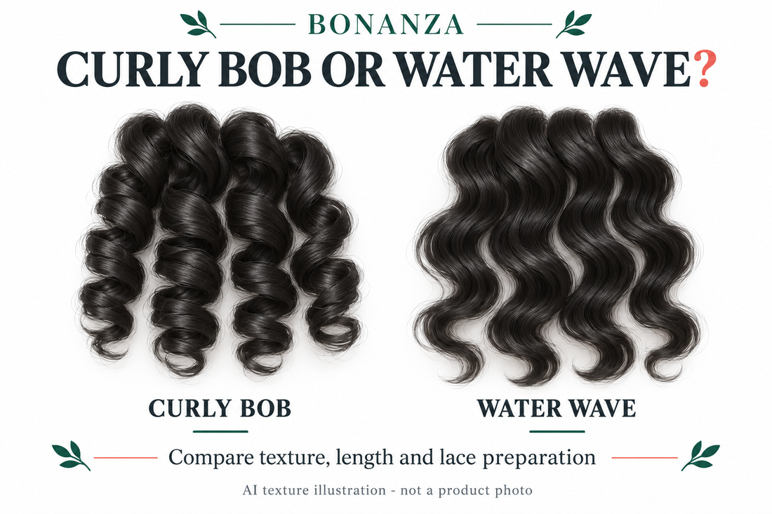 AI texture illustration comparing generic curls and water waves; not a photograph of the BONANZA products.