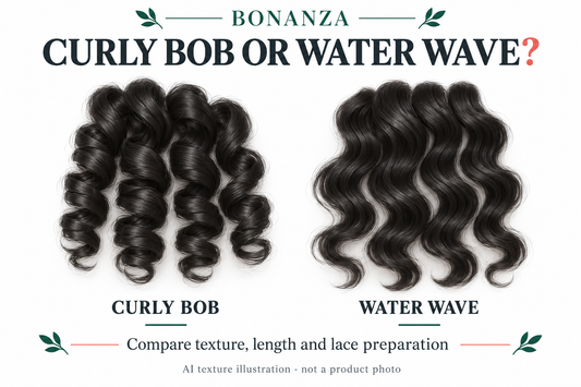 AI texture illustration comparing generic curls and water waves; not a photograph of the BONANZA products.