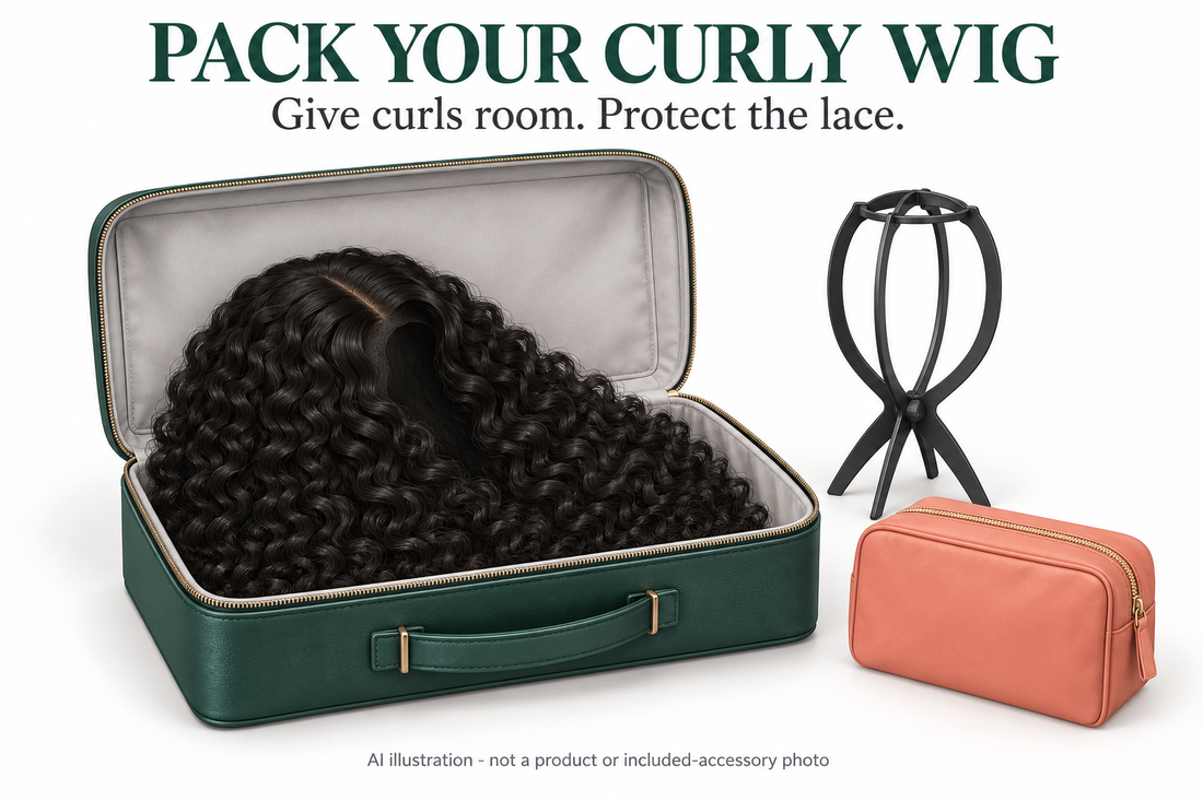 AI illustration of a generic curly wig in a travel case; not a BONANZA product or included-accessory photograph.