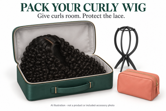 AI illustration of a generic curly wig in a travel case; not a BONANZA product or included-accessory photograph.