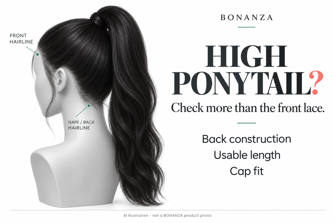 AI illustration of a generic long high ponytail showing front and nape checks; not a BONANZA product photo or a result promised for the short bob.