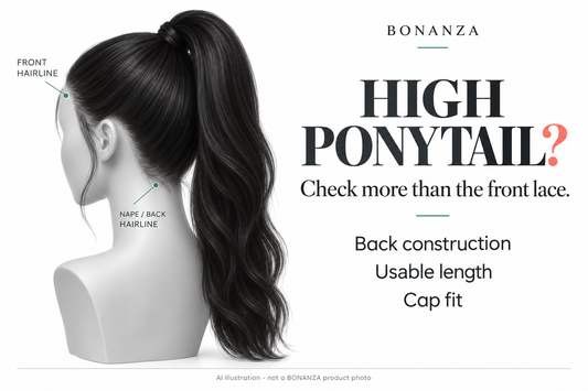 AI illustration of a generic long high ponytail showing front and nape checks; not a BONANZA product photo or a result promised for the short bob.