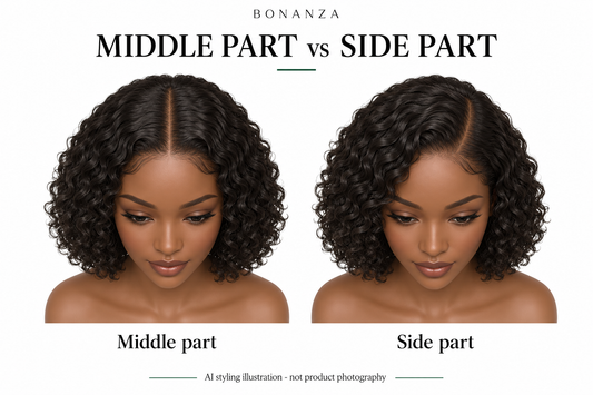AI styling illustration comparing middle and side parts on generic curly bobs; not BONANZA product photography or proof of this product's parting range.