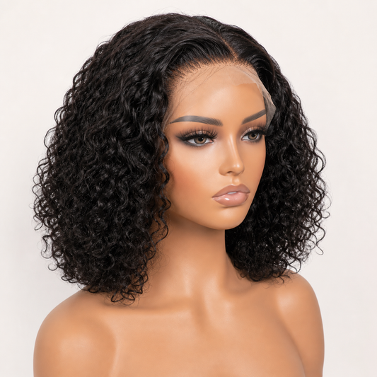 Natural black curly 13x6 HD lace human hair wig showing the lace-front hairline