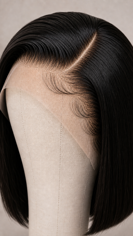 Close-up of straight natural black human hair and lace construction on a bob wig