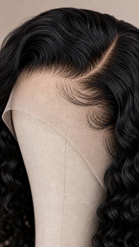 Close-up of the hairline and fine lace on a natural black 13x4 HD lace human hair wig