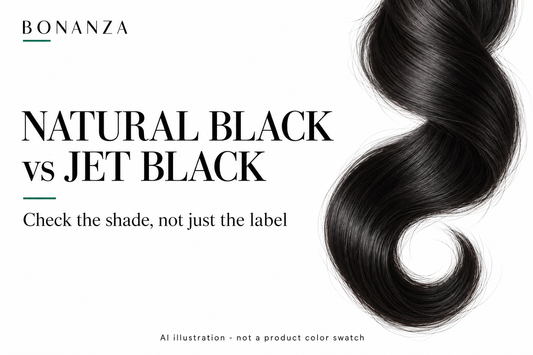 AI editorial illustration of a dark curl for natural black versus jet black wig education; not a BONANZA product photograph or color-matching swatch.