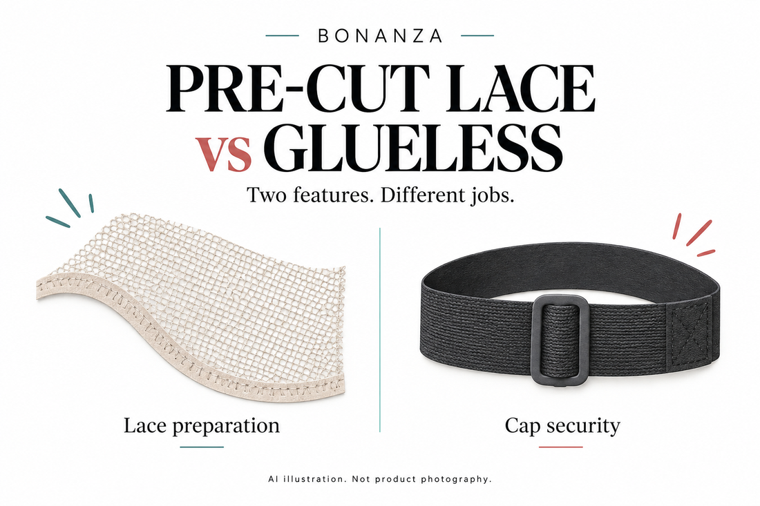 AI editorial illustration comparing lace preparation and cap security. Generic symbols, not product photography or exact BONANZA cap construction.