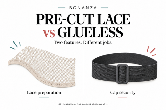 AI editorial illustration comparing lace preparation and cap security. Generic symbols, not product photography or exact BONANZA cap construction.