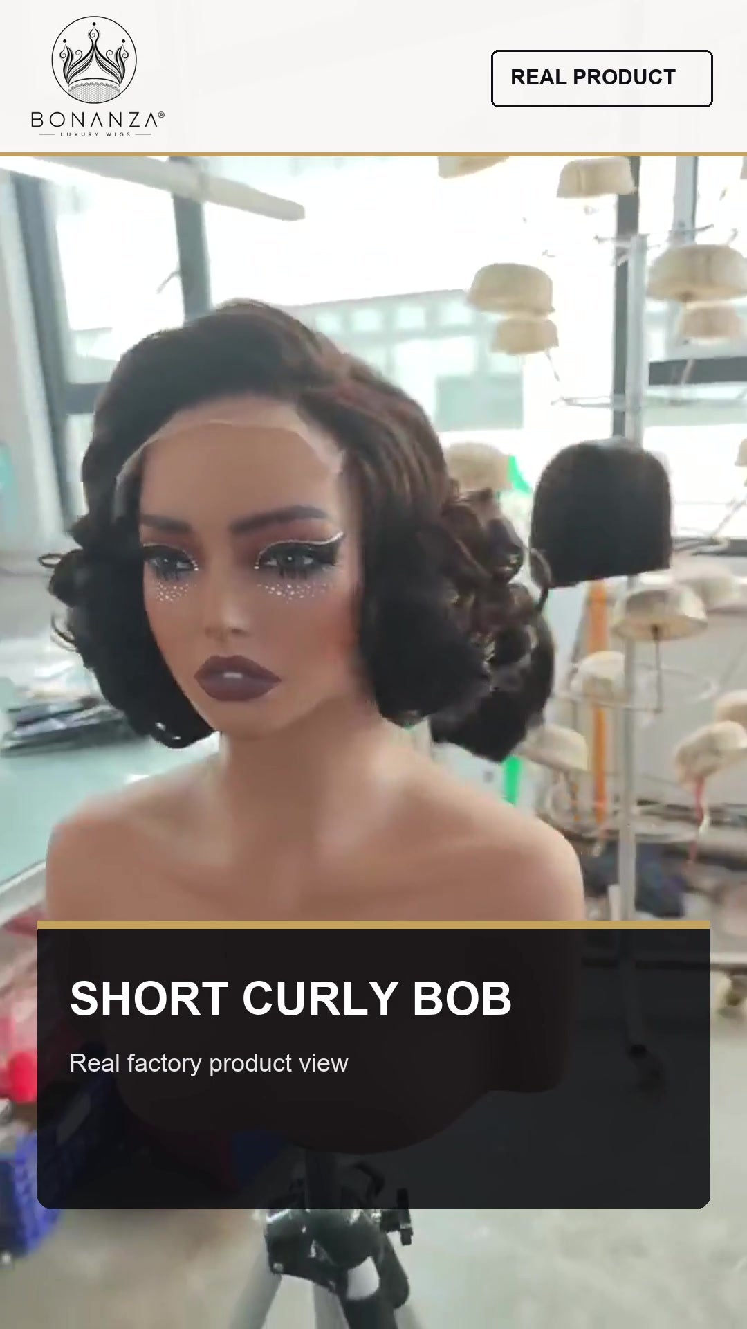Real BONANZA short curly bob wig shown in the factory for curly human hair wig care
