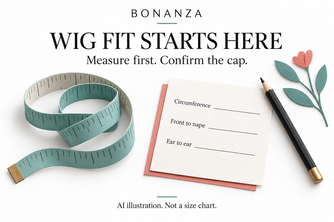 AI editorial illustration of a measuring tape and a blank wig-fit note sheet. Not product photography or a BONANZA size chart.