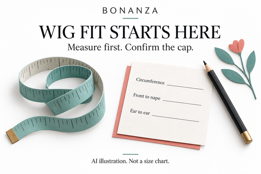 AI editorial illustration of a measuring tape and a blank wig-fit note sheet. Not product photography or a BONANZA size chart.