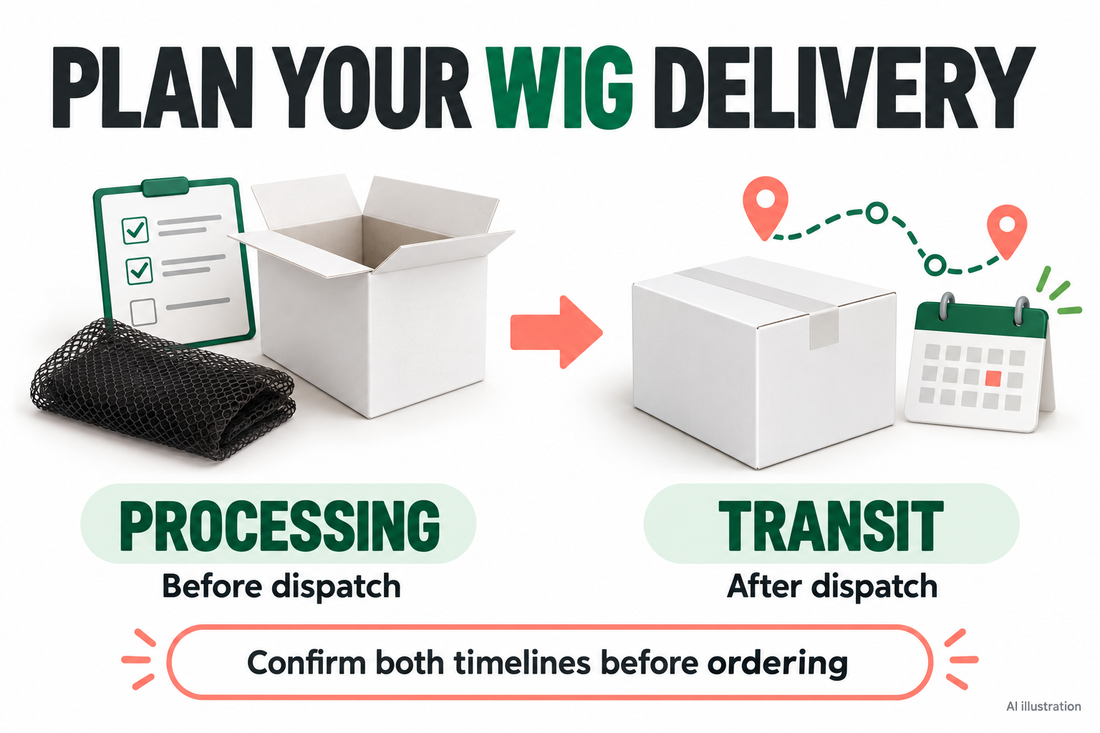 AI illustration: order processing before dispatch and carrier transit after dispatch; confirm both timelines before ordering.