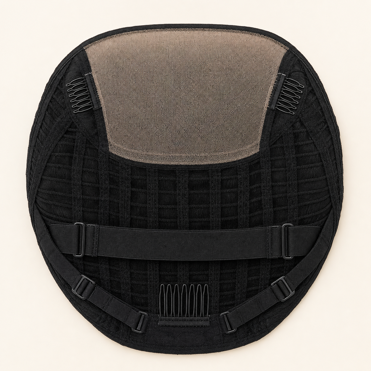 Concept inside-cap diagram showing the proposed 7x5 lace area and adjustable glueless construction