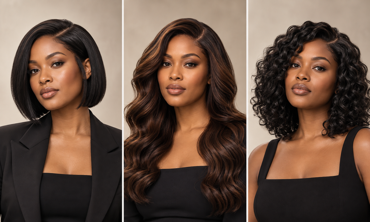 AI-generated wig style concepts: sleek bob, soft waves and curls.