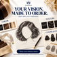 BONANZA custom wig design inspiration board with hair color and texture swatches, a wig sketch, and length and fit references. Concept illustration; final specifications and quote confirmed before production.
