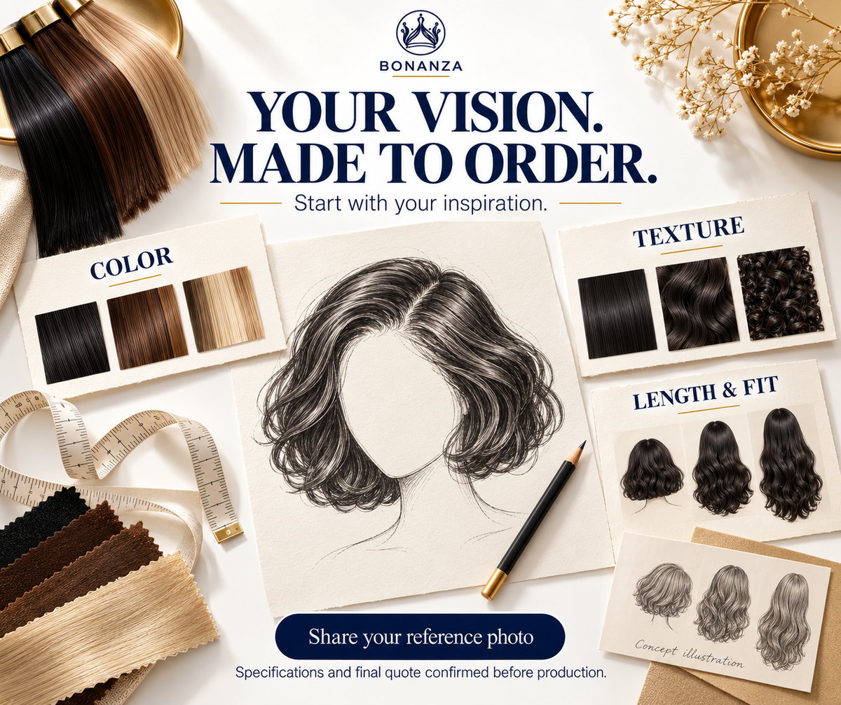BONANZA custom wig design inspiration board with hair color and texture swatches, a wig sketch, and length and fit references. Concept illustration; final specifications and quote confirmed before production.