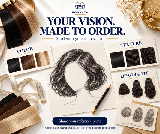 BONANZA custom wig design inspiration board with hair color and texture swatches, a wig sketch, and length and fit references. Concept illustration; final specifications and quote confirmed before production.