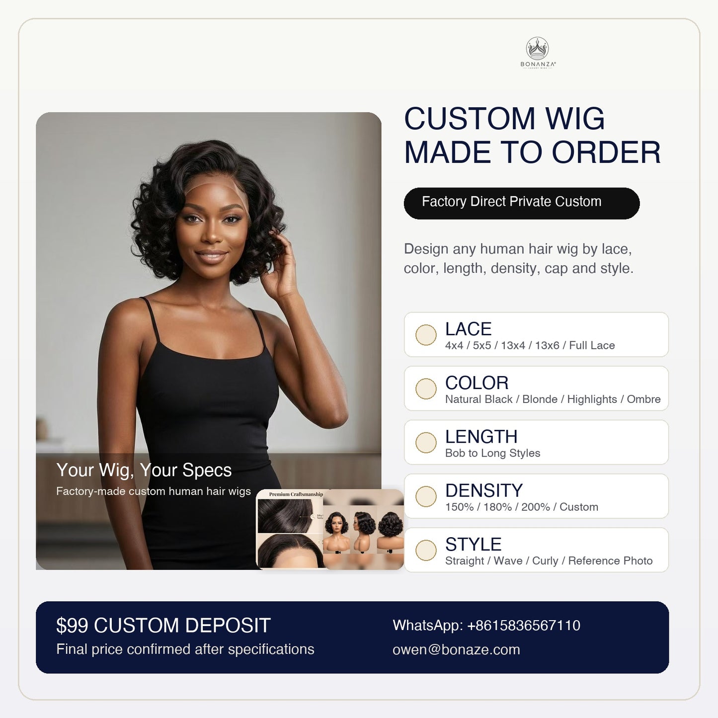 BONANZA custom wig made to order main image showing custom lace color length density and style options