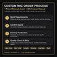 BONANZA custom wig order process showing 1 piece minimum order and $99 custom deposit