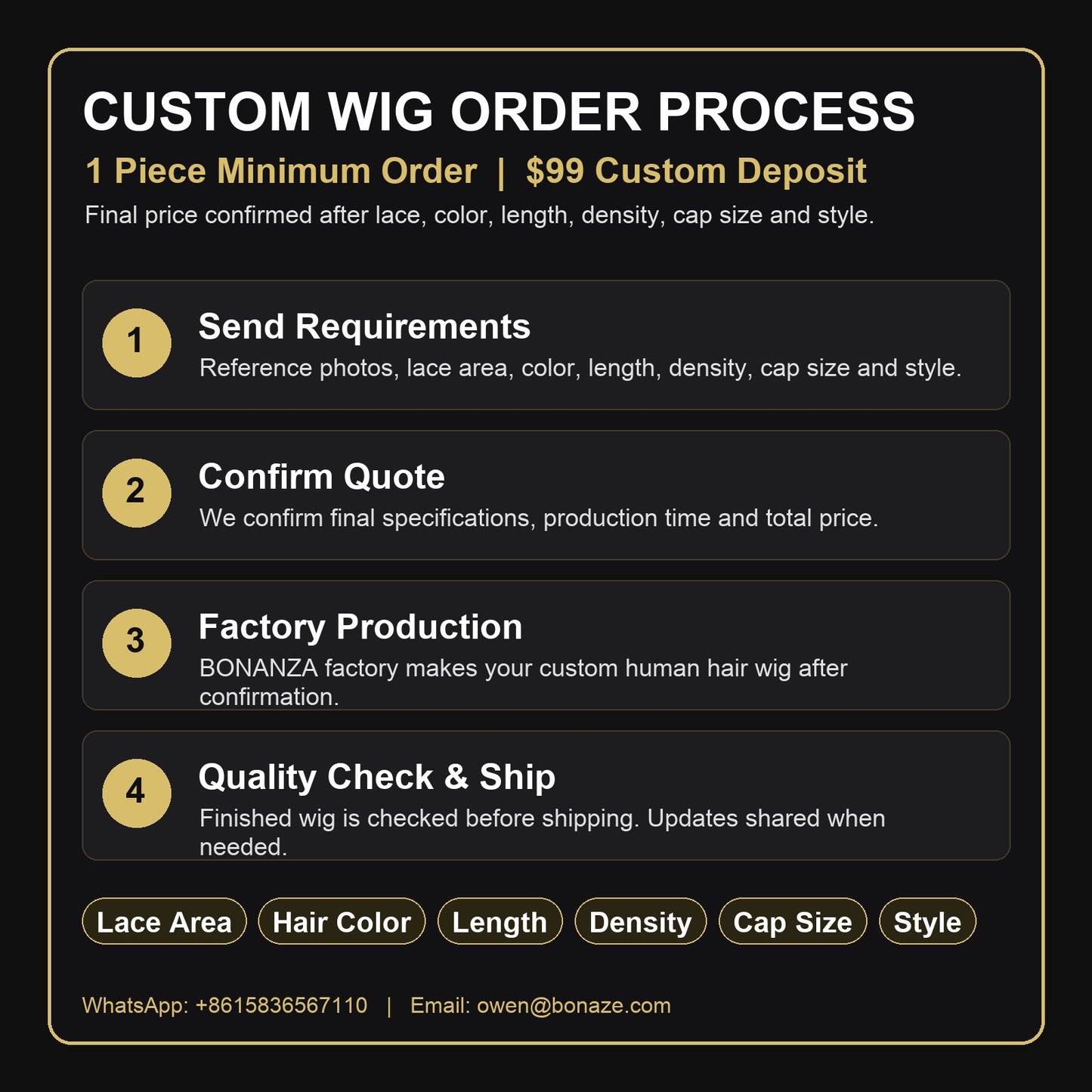 BONANZA custom wig order process showing 1 piece minimum order and $99 custom deposit