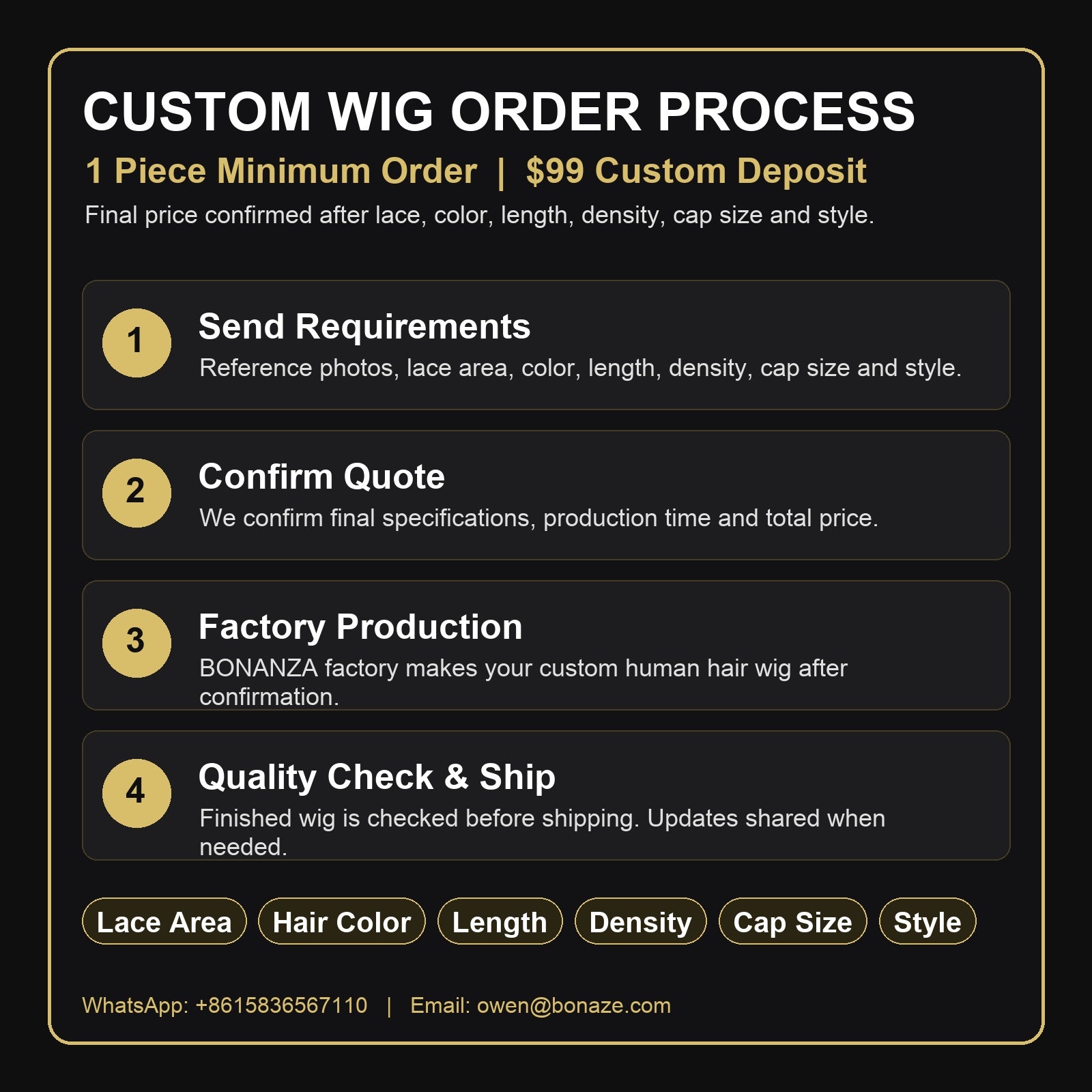 BONANZA custom wig order process showing 1 piece minimum order and $99 custom deposit
