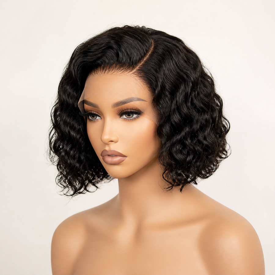 BONANZA Natural Black Water Wave Bob Lace Front Human Hair Wig