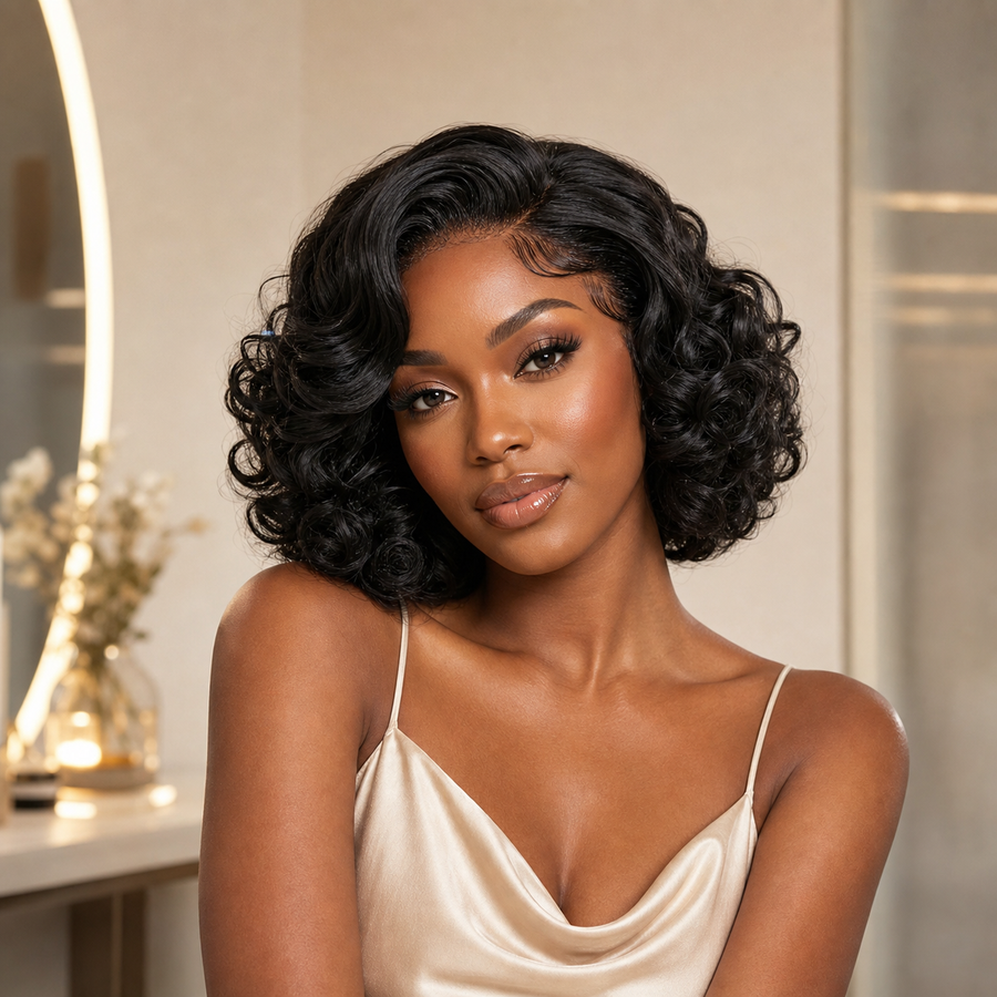 BONANZA Natural Black Short Curly Bob Glueless Wig model hero image