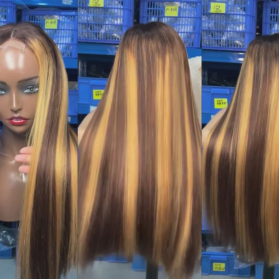 Real factory video of the BONANZA Straight Piano Highlight Human Hair Wig showing black-and-honey color placement, straight texture and middle-part finish