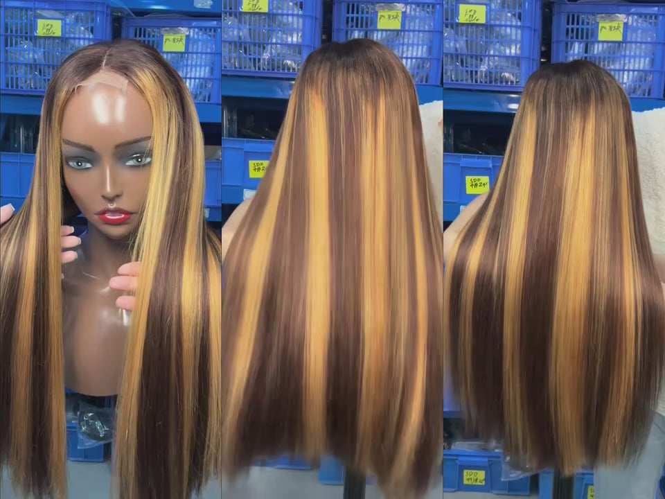 Real factory video of the BONANZA Straight Piano Highlight Human Hair Wig showing black-and-honey color placement, straight texture and middle-part finish
