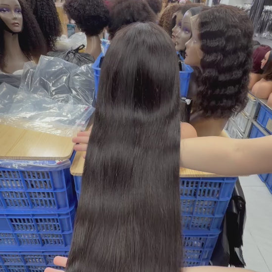 Real factory video of the BONANZA Natural Black Straight 13x4 Lace Front Human Hair Wig showing length, cap construction and lace hairline